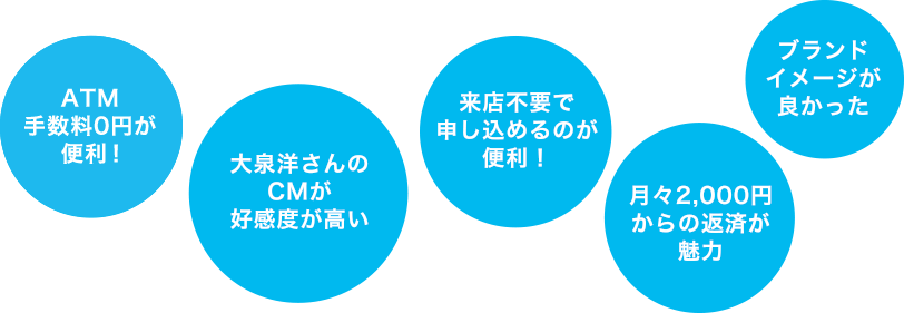 北洋銀行なので信頼できる 大泉洋さんのCMが好感度が高い 来店不要で申し込めるのが便利! 月々2,000円からの返済が魅力 ブランドイメージが良かった