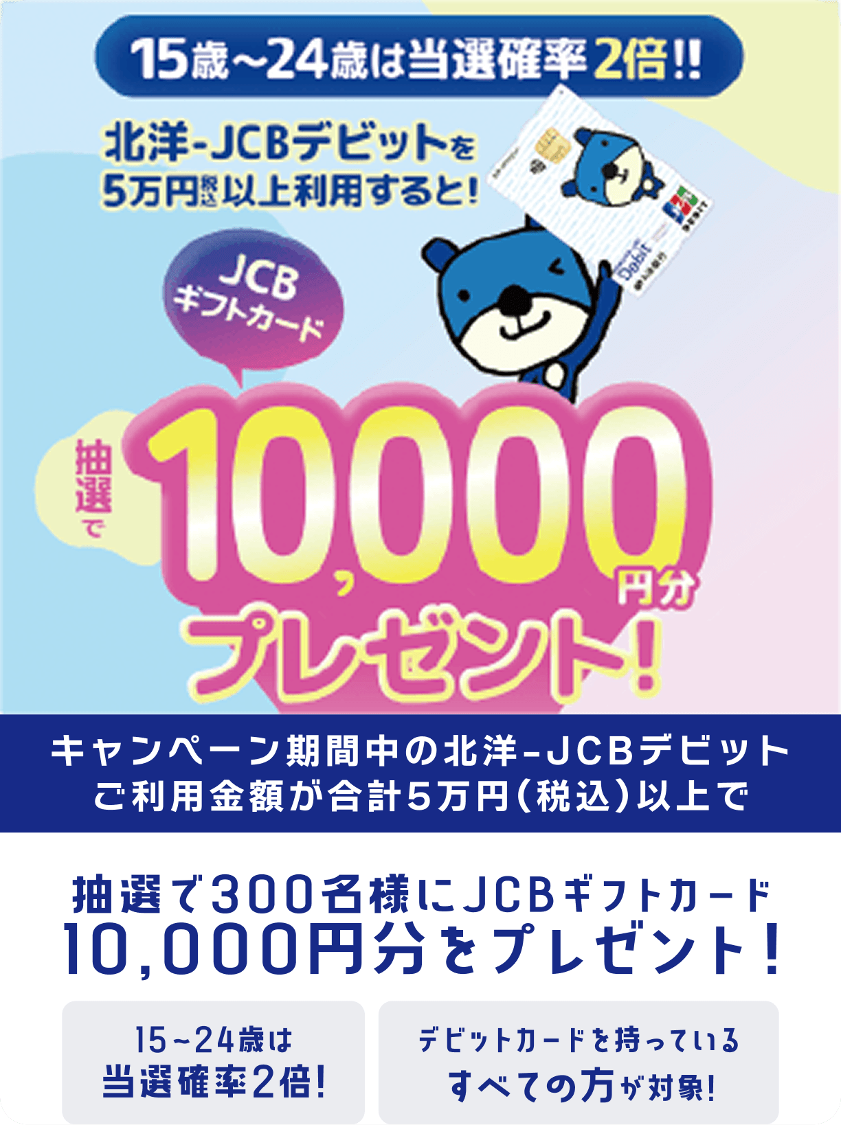 キャンペーン期間中の北洋-JCBデビットご利用金額が合計5万円(税込)以上で、抽選で300名様にJCBギフトカード10,000円分をプレゼント!15〜24歳は当選確率2倍!デビットカードを持っているすべての方が対象!