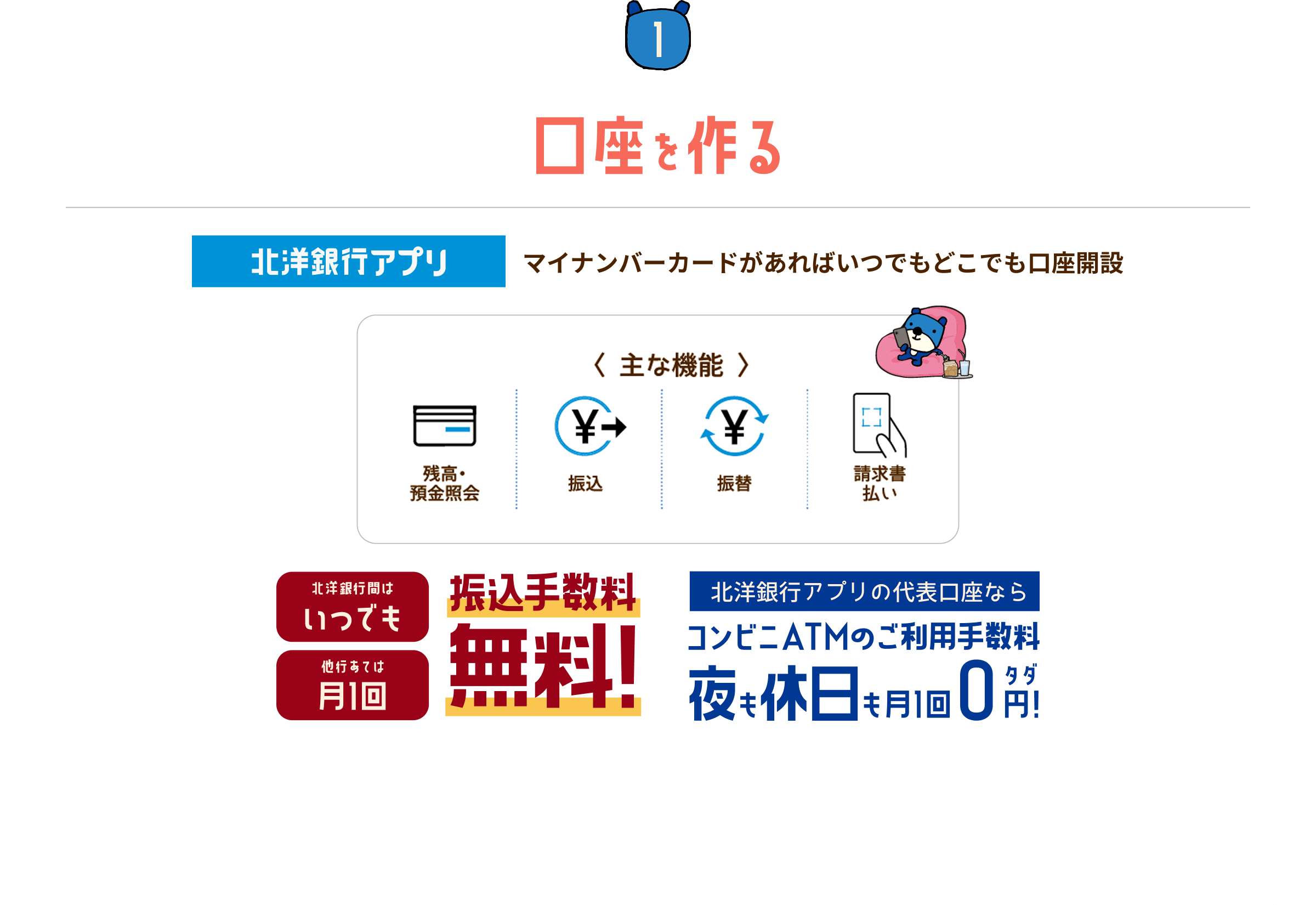 STEP1 口座を作る:北洋銀行アプリ マイナンバーカードがあればいつでもどこでも口座開設。主な機能:残高・預金照会、振込、振替、請求書払い。北洋銀行間はいつでも振込手数料無料(他行あては月1回)。北洋銀行アプリの代表口座ならコンビニATMのご利用手数料が夜も休日も月1回0円!