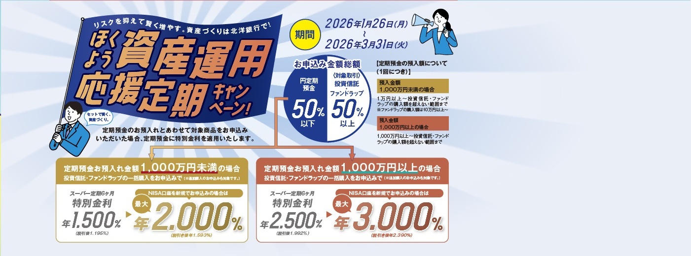 ���X�N��}���Č������₷�B���Y�Â���͖k�m��s�ŁI�ق��悤���Y�^�p��������L�����y�[�� ���ԁF2026�N1��26���i���j�`2026�N3��31���i�΁j ����a�����a������z1,000���~�����̏ꍇ�A�����M���E�t�@���h���b�v�̈ꊇ�w�������\���݂ŁA�X�[�p�[���6�������ʋ����͔N1.500%�i�ň���1.195%�j�ANISA������V�K�ł��\���݂̏ꍇ�́A�ő�N2.000%�i�ň���1.593%�j ����a�����a������z1,000���~�ȏ�̏ꍇ�A�����M���E�t�@���h���b�v�̈ꊇ�w�������\���݂ŁA�X�[�p�[���6�������ʋ����͔N2.500%�i�ň���1.992%�j�ANISA������V�K�ł��\���݂̏ꍇ�́A�ő�N3.000%�i�ň���2.390%�j �ڂ����̓L�����y�[���y�[�W�����m�F��������