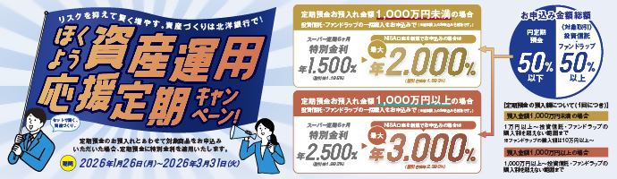 ���X�N��}���Č������₷�B���Y�Â���͖k�m��s�ŁI�ق��悤���Y�^�p��������L�����y�[�� ���ԁF2026�N1��26���i���j�`2026�N3��31���i�΁j ����a�����a������z1,000���~�����̏ꍇ�A�����M���E�t�@���h���b�v�̈ꊇ�w�������\���݂ŁA�X�[�p�[���6�������ʋ����͔N1.500%�i�ň���1.195%�j�ANISA������V�K�ł��\���݂̏ꍇ�́A�ő�N2.000%�i�ň���1.593%�j ����a�����a������z1,000���~�ȏ�̏ꍇ�A�����M���E�t�@���h���b�v�̈ꊇ�w�������\���݂ŁA�X�[�p�[���6�������ʋ����͔N2.500%�i�ň���1.992%�j�ANISA������V�K�ł��\���݂̏ꍇ�́A�ő�N3.000%�i�ň���2.390%�j �ڂ����̓L�����y�[���y�[�W�����m�F��������