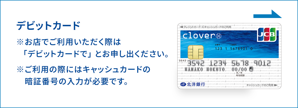 clover���f�r�b�g�J�[�h�Ƃ��Ďg���ꍇ�̐����}�BIC�`�b�v�t���J�[�h�̎ʐ^�ƁA���̉E��ɑ}��������������󂪂���B�J�[�h�̍���ɂ́uclover�v�̃��S�Ǝl�t�̃}�[�N���A�E��ɂ�JCB�̃��S���\������Ă���B�ʐ^�̍����ɂ́u�f�r�b�g�J�[�h�v�̌��o���Ǝ��̐������B�����X�ł����p���������ۂ́u�f�r�b�g�J�[�h�Łv�Ƃ��\���o���������B�������p�̍ۂɂ̓L���b�V���J�[�h�̈Ïؔԍ��̓��͂��K�v�ł��B