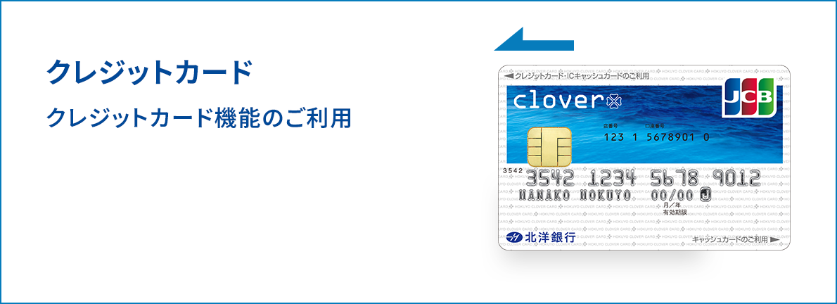 clover���N���W�b�g�J�[�h�Ƃ��Ďg���ꍇ�̐����}�BIC�`�b�v�t���J�[�h�̎ʐ^�ƁA���̍���ɑ}��������������󂪂���B�J�[�h����ɂ́uclover�v�̃��S�Ǝl�t�̃}�[�N���A�E��ɂ�JCB�̃��S���\������Ă���B�ʐ^�̍����ɂ́u�N���W�b�g�J�[�h�v�̌��o���Ɓu�N���W�b�g�J�[�h�@�\�̂����p�v�Ƃ����������B