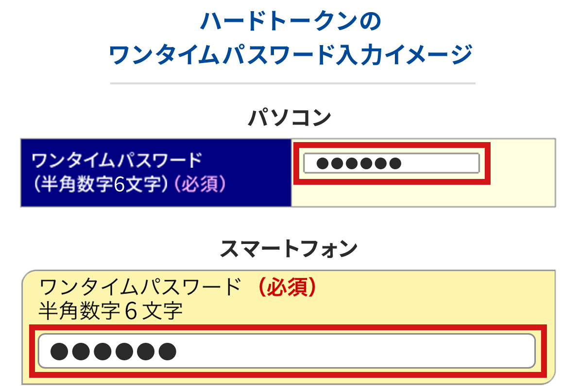 ハードトークンのワンタイムパスワード入力イメージ画面。パソコンと、スマートフォンの入力画面のスクリーンショットが縦に置かれている。入力欄の見出しは「ワンタイムパスワード(半角数字8文字)(必須)」。パスワード入力欄は赤い太枠で囲まれている。