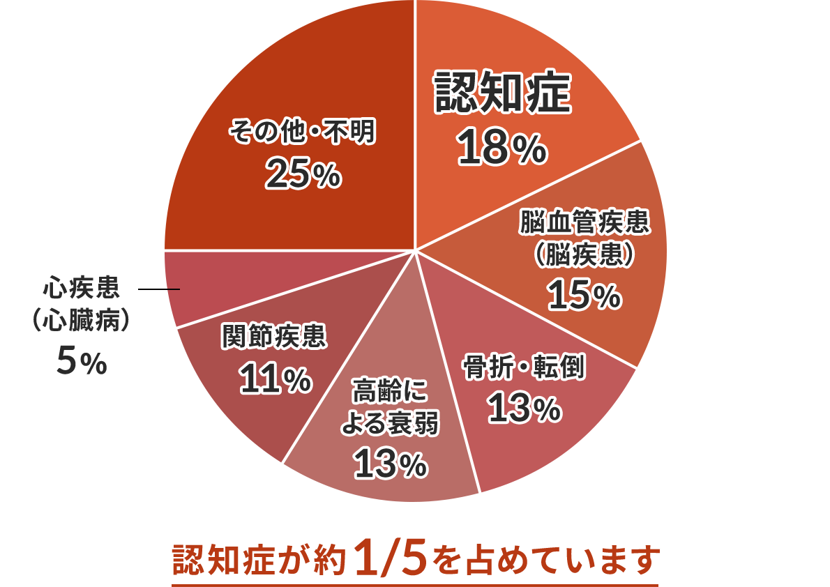 介護が必要となった主な原因（要介護者）の内訳についての円グラフ。認知症18%、脳血管疾患(脳疾患)15%、骨折・転倒13％、高齢による衰弱13％、関節疾患11%、心疾患(心臓病)5％、その他・不明25％。「認知症18%」が強調して書かれている。また、円グラフの下に、認知症が約1/5を占めています、と書かれている。