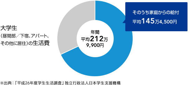 大学生(昼間部/下宿、アパート、その他に居住)の生活費 平均212万9900円