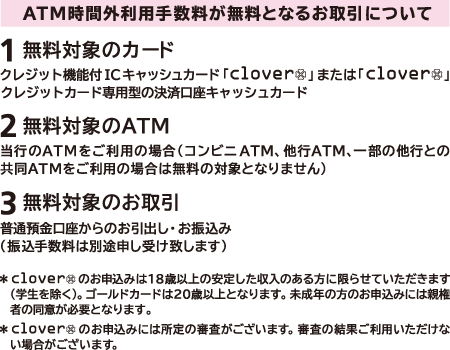 ATM時間外利用手数料が無料となるお取引について