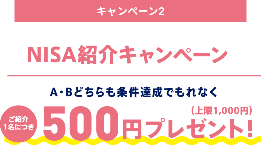 キャンペーン2「NISA紹介キャンペーン」 A・Bどちらも条件達成でもれなくご紹介1名につき500円プレゼント!※上限1,000円