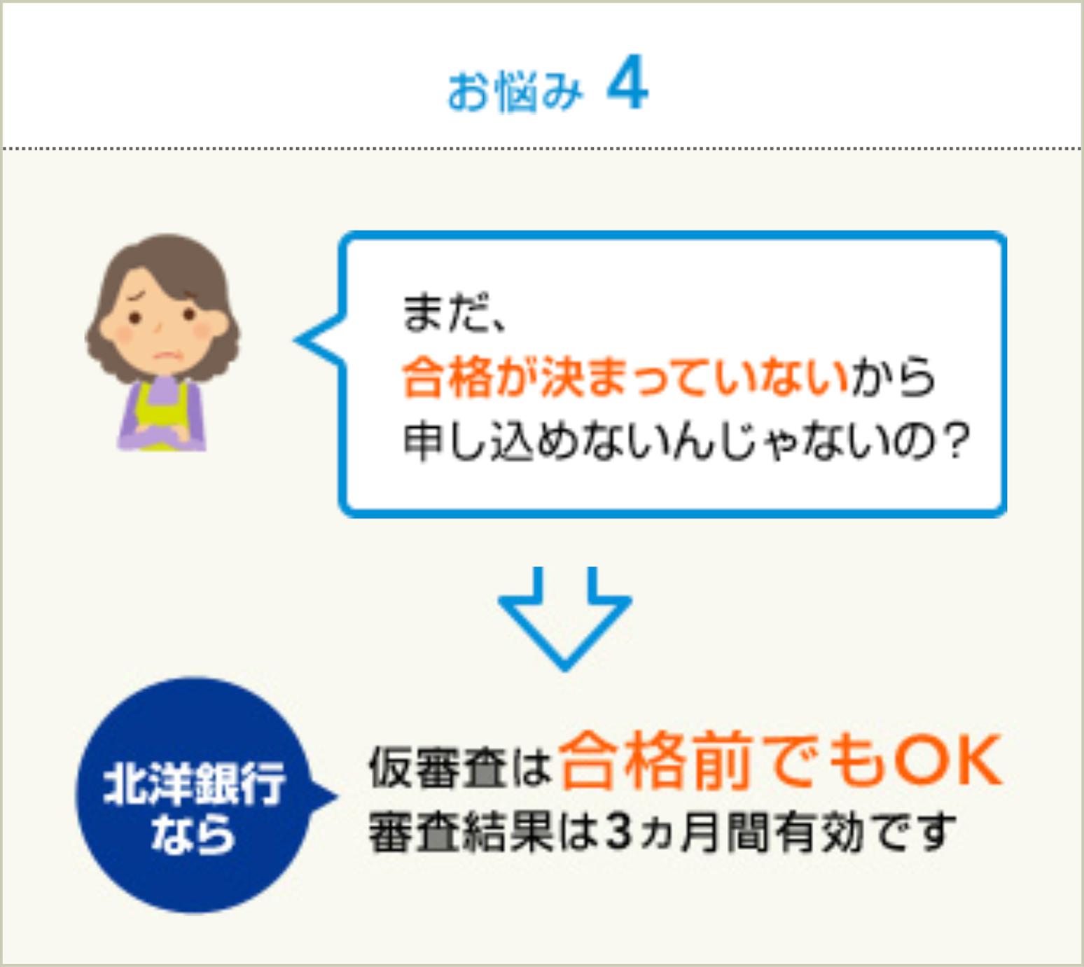 お悩み4:仮審査は合格前でもOK 審査結果は3ヵ月間有効です。