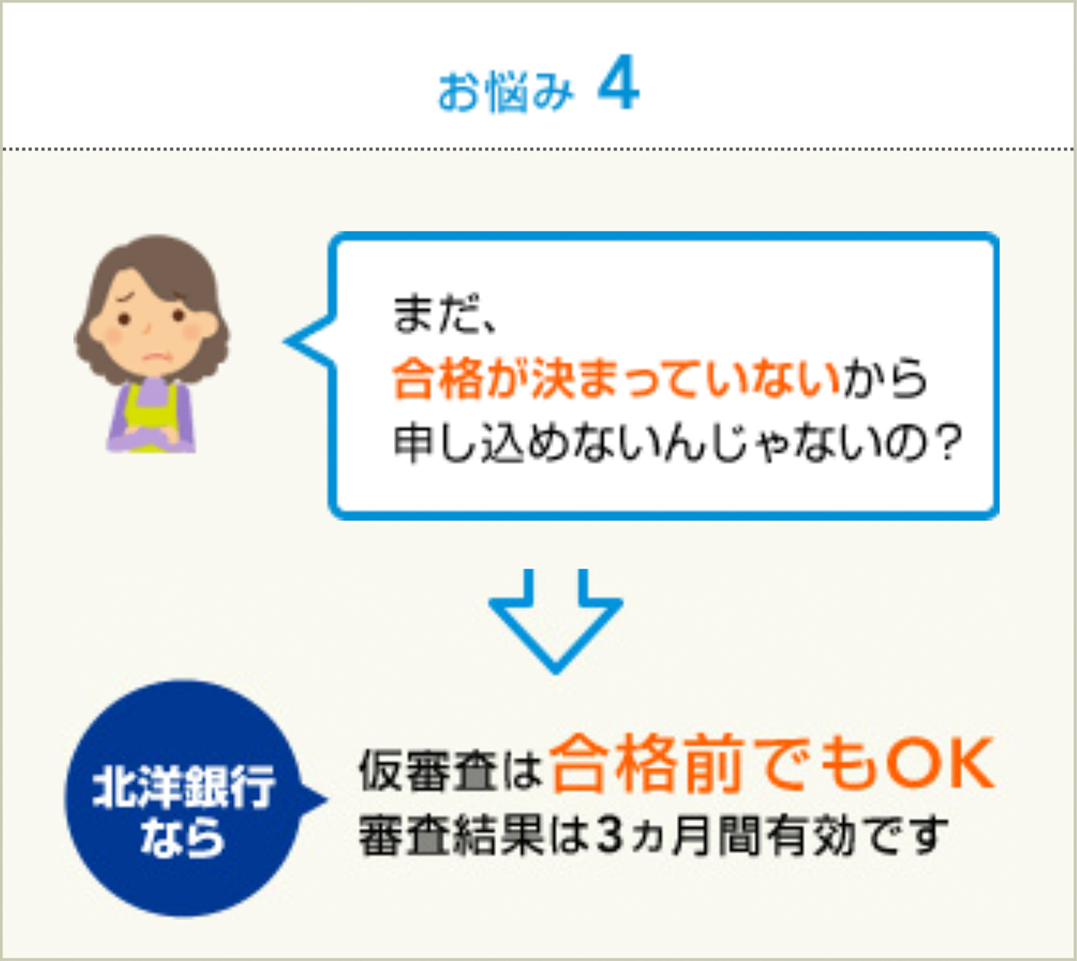 お悩み4:仮審査は合格前でもOK 審査結果は3ヵ月間有効です。