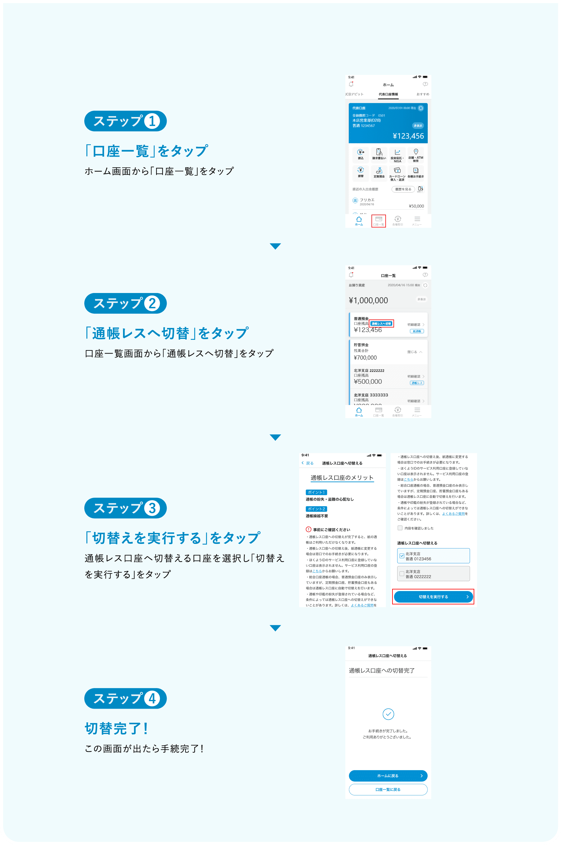 ステップ１：「口座一覧」をタップ　ステップ２：「通帳レスへ切替」をタップ　ステップ３：「切替えを実行する」をタップ　ステップ４：切替完了！