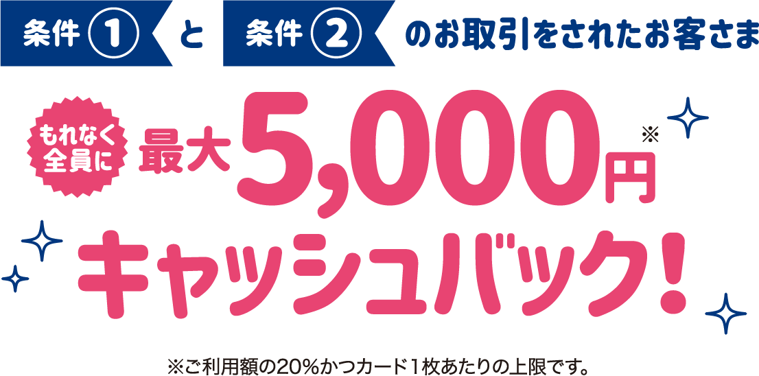 条件1と条件2のお取引をされたお客さまもれなく全員に最大に5000円キャッシュバック!
