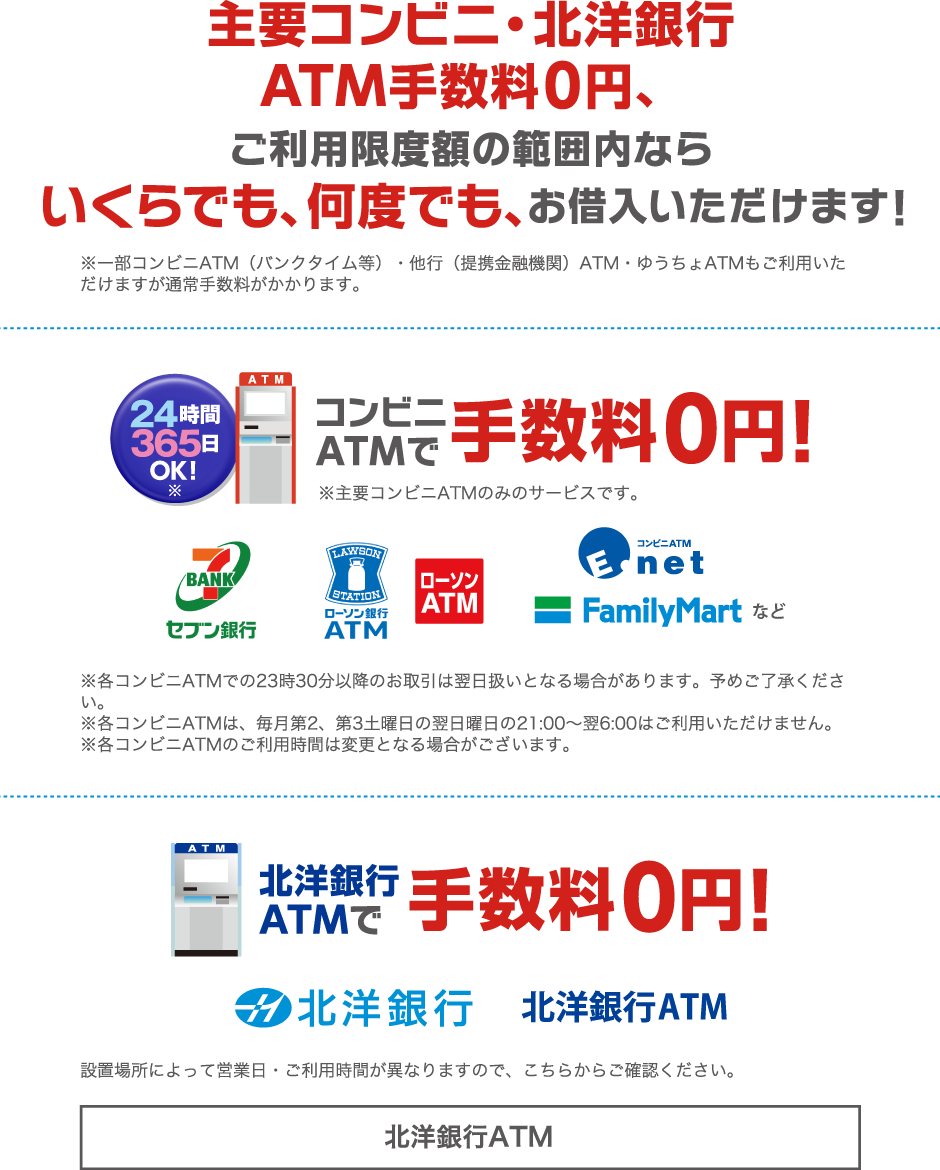 主要コンビニ・北洋銀行ATM手数料0円、ご利用限度額の範囲内ならいくらでも、何度でも、お借入いただけます！